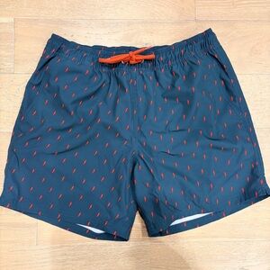 J. Crew Navy Swim Trunks with Red Lightning Print